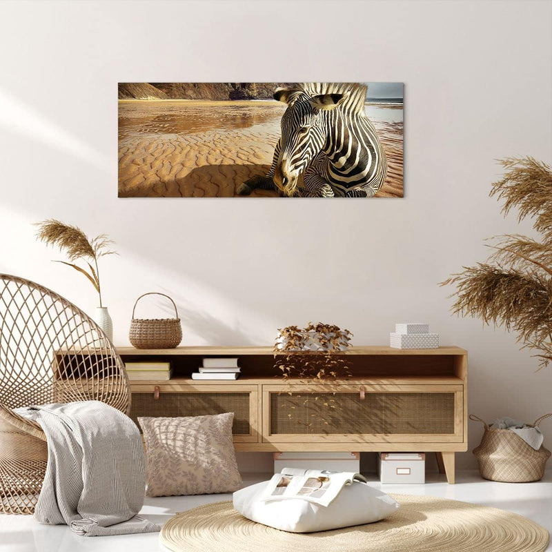 Panorama Bilder auf Leinwand 100x40cm Leinwandbild Zebra Strand Landschaft Gross Wanddeko Bild Schla