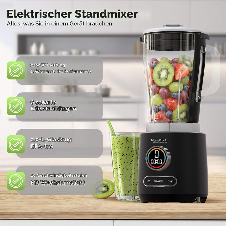 TurboTronic Standmixer - BG7-2100 Watt (25.000 RPM) mit 2,0 L Glasbehälter Edelstahl, Glas Smoothie