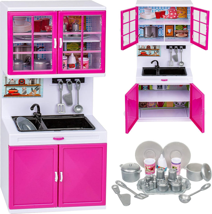 Puppenhaus Möbel - Sound & Licht - 31 cm gross - Spüle + Vorratsschank + Backofen + Herd - mit Zubeh