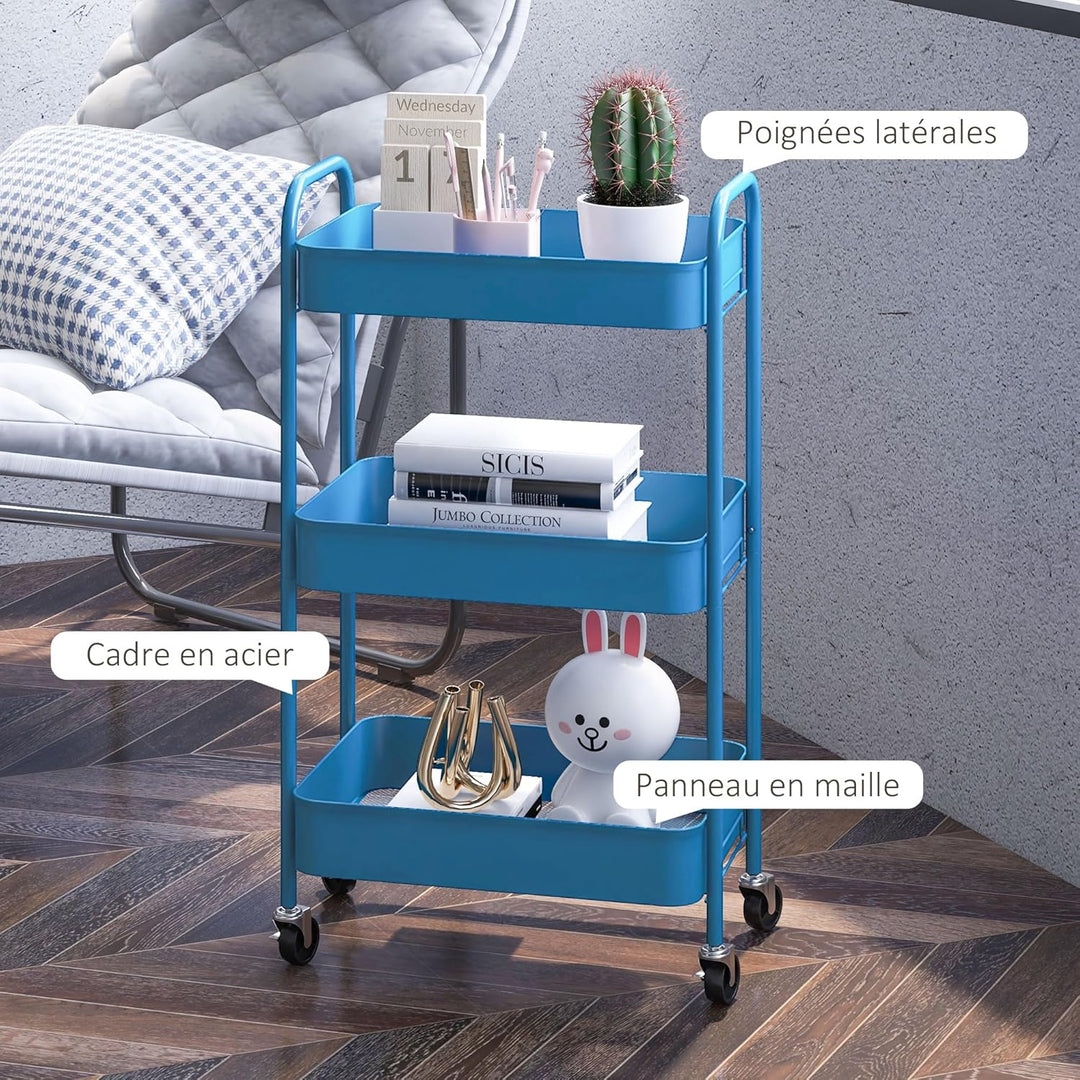 HOMCOM Servierwagen aus Stahl, Servierwagen mit Rollen, 3 Ebenen, perforierte Tabletts – 45 x 30,6 x
