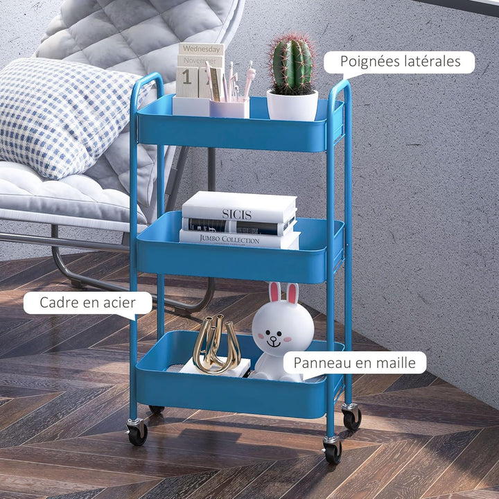 HOMCOM Servierwagen aus Stahl, Servierwagen mit Rollen, 3 Ebenen, perforierte Tabletts – 45 x 30,6 x