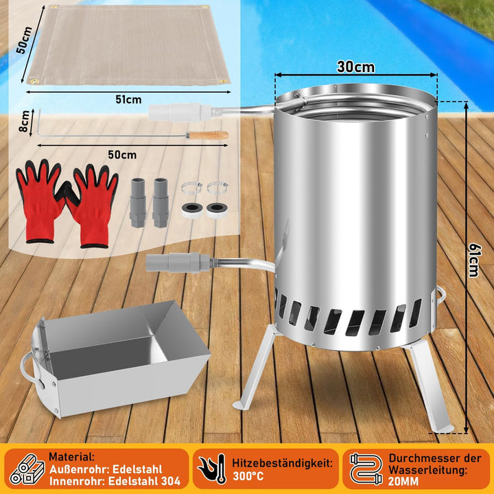 Poolheizung mit Feuer 2 Sets, Poolheizung Feuertonne mit Heizspirale, 32-38mm Anschlüsse, Poolofen H