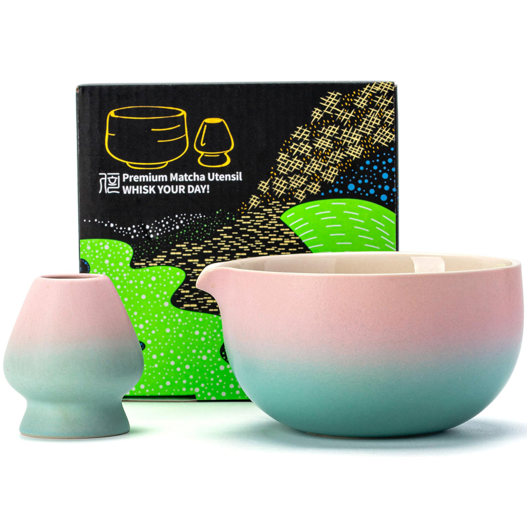 TEANAGOO Japanische Matcha-Schale K11 mit Schneebesenhalter,510ml Keramik-Chawan mit sanftem Rosa-Gr