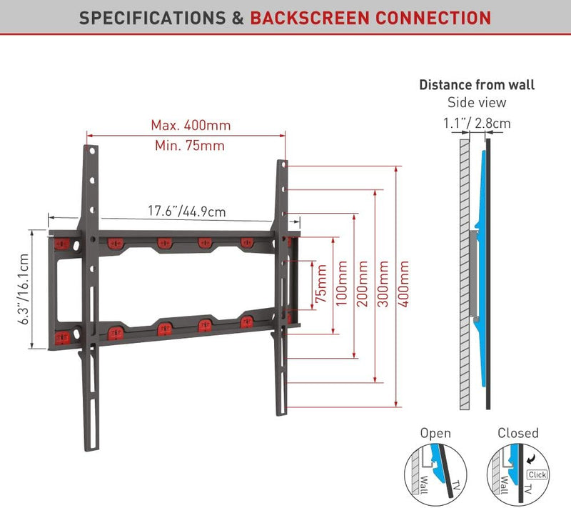 Barkan TV Wandhalterung, 19 - 65 Zoll Feste , Trockenbauwände – ohne Bohren flach & curved Fernseher