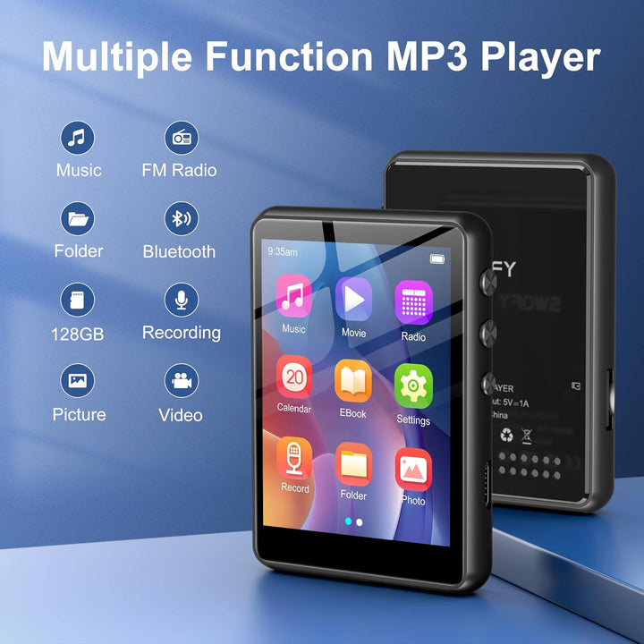 SWOFY 128GB MP3-Player, Bluetooth 5.3, 2,4-Zoll Touchscreen, HiFi-Klang, eingebauter Lautsprecher, A