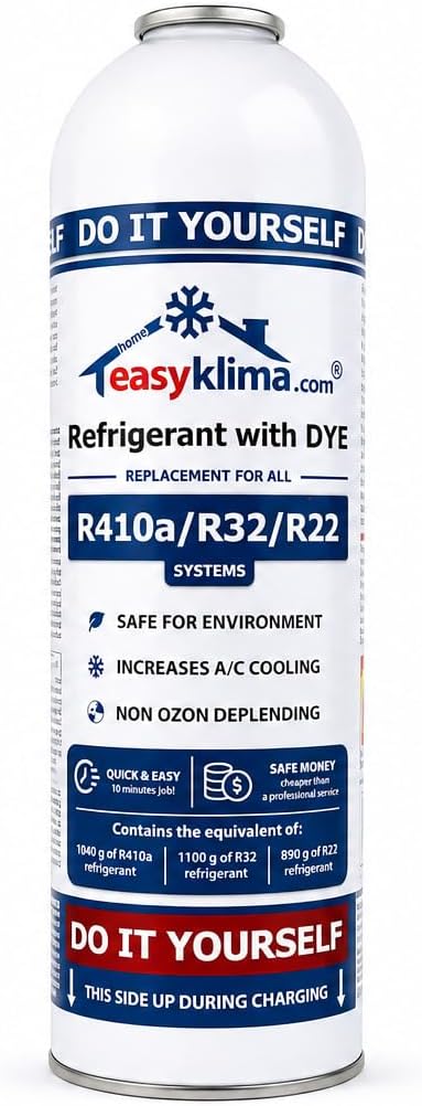 EasyKlima R410A R32 R22 400g/725ml Nachfüllset mit Manometer &amp; Adapter – Kältemittel inkl. Servicesc