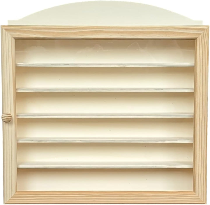 Vitrine hölzerne. Naturholz, zum Bemalen. Masse (Breite/Boden/Höhe): 40 * 6,5 * 40 cm.