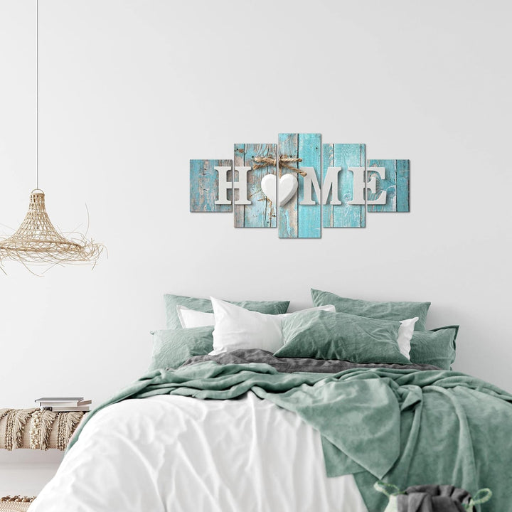 Runa Art Wandbilder Home 5 Teilig Bild auf Vlies Leinwand Deko Wohnzimmer Holzoptik Türkis Grau 0148