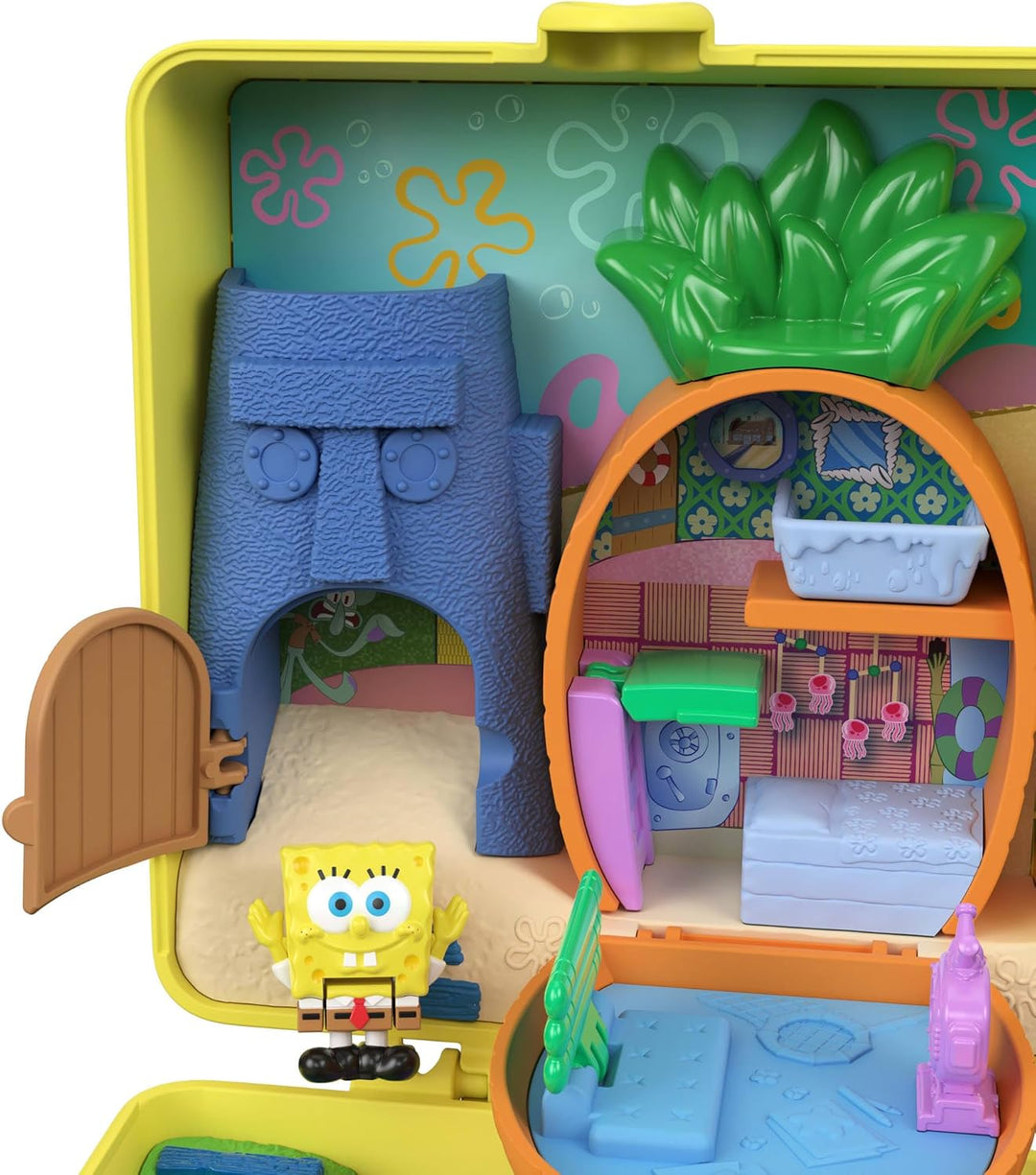Polly Pocket x Spongebob Partnership-Schatulle, Micro-Puppen Spongebob und Patrick und Spielset, 7 Z