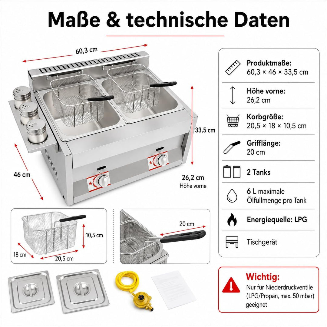 Gas Fritteuse, Doppeltank 2x6L, 50-380°C, Edelstahl, Gastronomie | 430 Edelstahl,genietet,LPG,Deckel