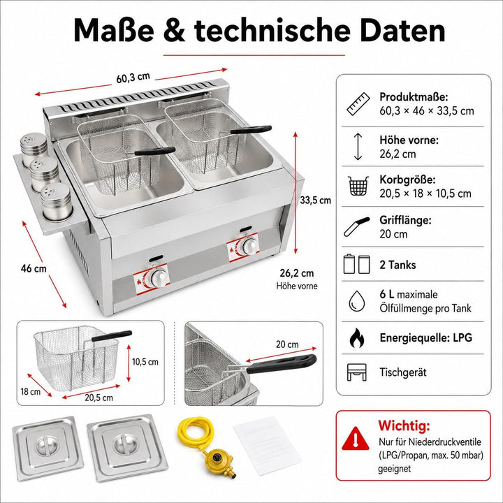 Gas Fritteuse, Doppeltank 2x6L, 50-380°C, Edelstahl, Gastronomie | 430 Edelstahl,genietet,LPG,Deckel