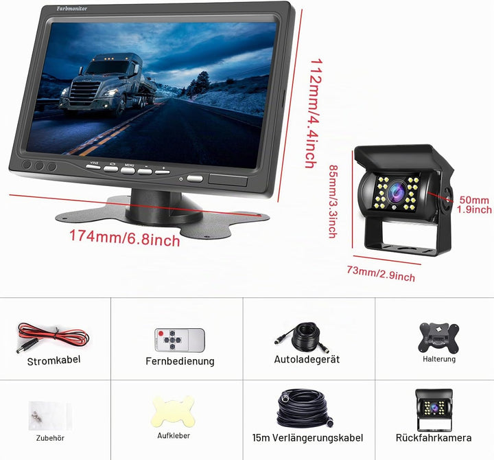 Hodozzy Rückfahrkamera Auto und 7 Zoll LCD Monitor Set, Nachtsicht Wasserdichtes Backup Kamera 12V-2