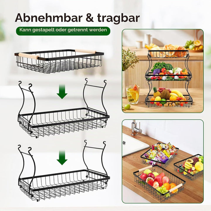 VINATO Obstschale, 3-stöckige Moderner Obstkorb mit Holzgriffen, für Küche, Bad &amp; Mehr – Ideal für O