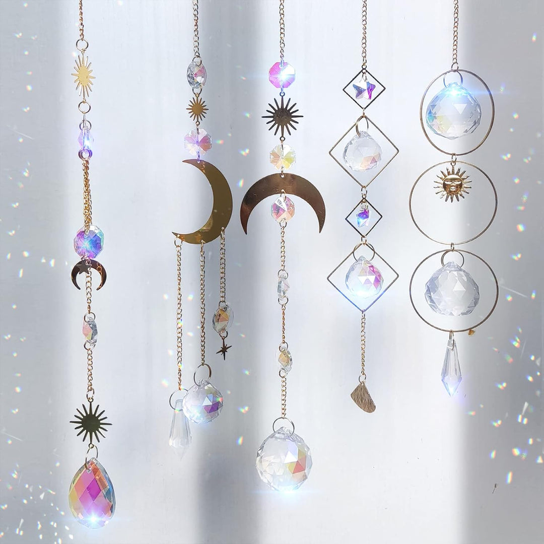 5 Stück Sonnenfänger Kristall Hanging Windspiel Regenbogen Sonnen Mond Anhänger Kristalle Ornament K