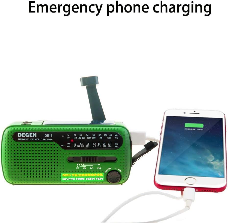 Degen DE13 Cranked Solar FM AM SW Receiver with Flashlight/SOS Alarm/Rechargeable Cell Phone for Eme