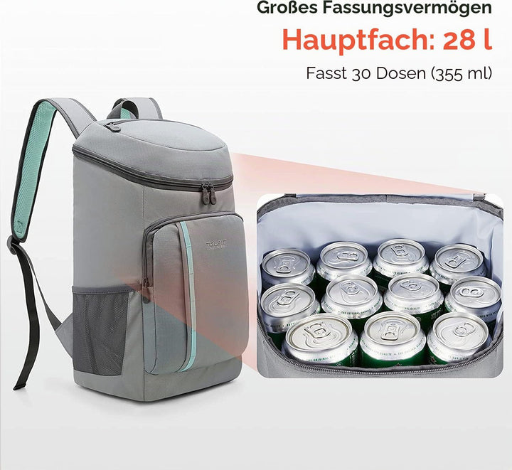 TOURIT 28L Kühler Rucksack Leichter Rucksack mit Flaschenöffner Hält 30 Dosen Grau, Grau