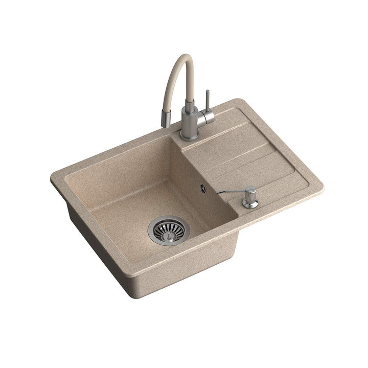 VBChome Spülbecken mit Armatur 62 x 44 cm Beige Granit Einzelbecken Einbauspüle gesprenkelt reversib