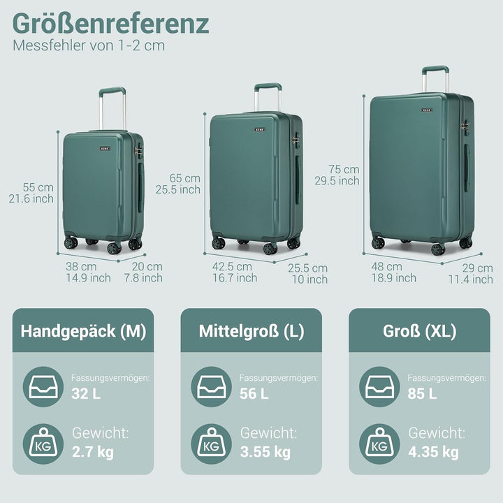 KONO Kofferset 3 Teilig Hartschale Leicht ABS+PC Koffer Handgepäck/Mittelgross/Gross Reisekofferset