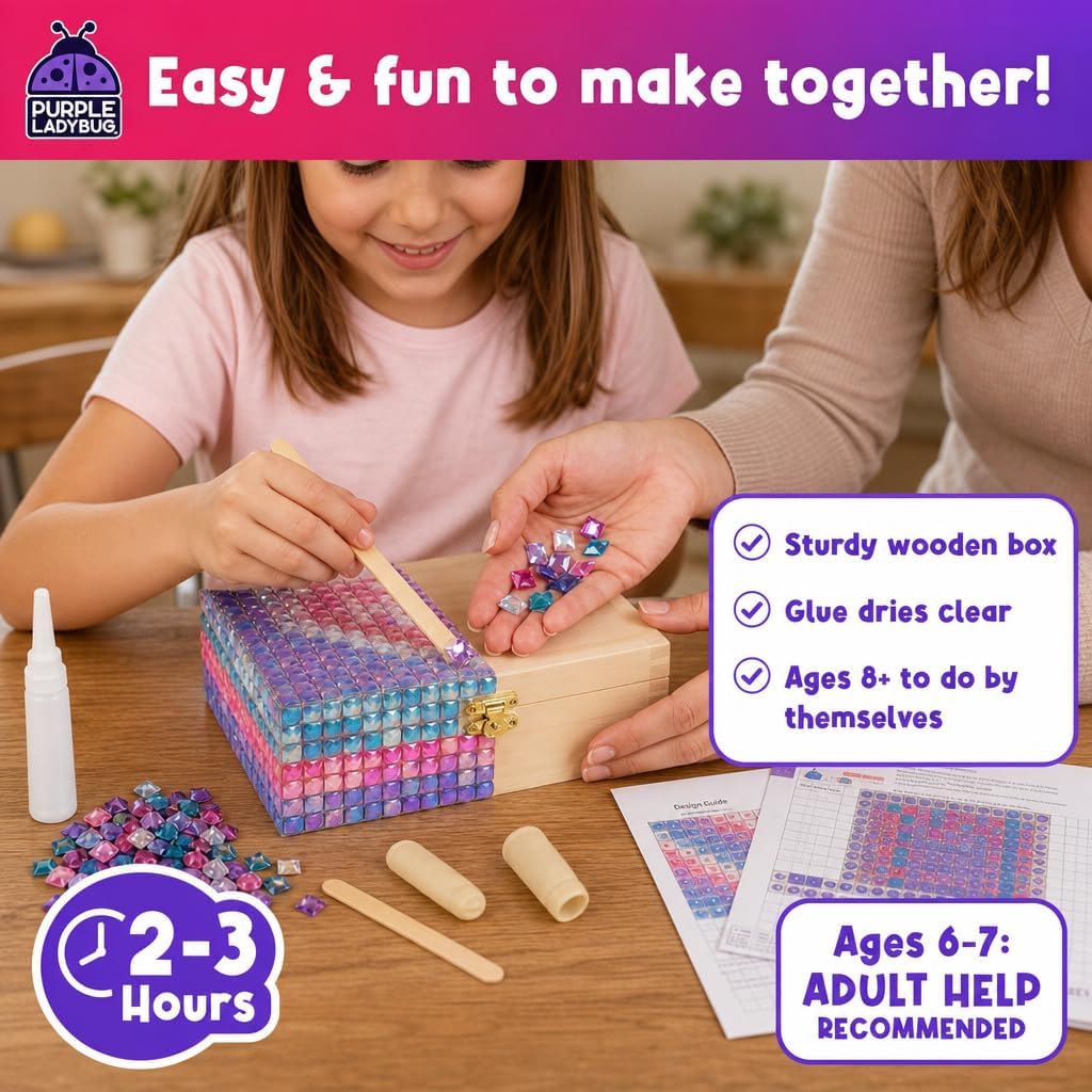 PURPLE LADYBUG Schmuckkästchen Mosaik Bastelset - Geschenk für Kinder ab 6 Jahre, Geschenk für Mädch