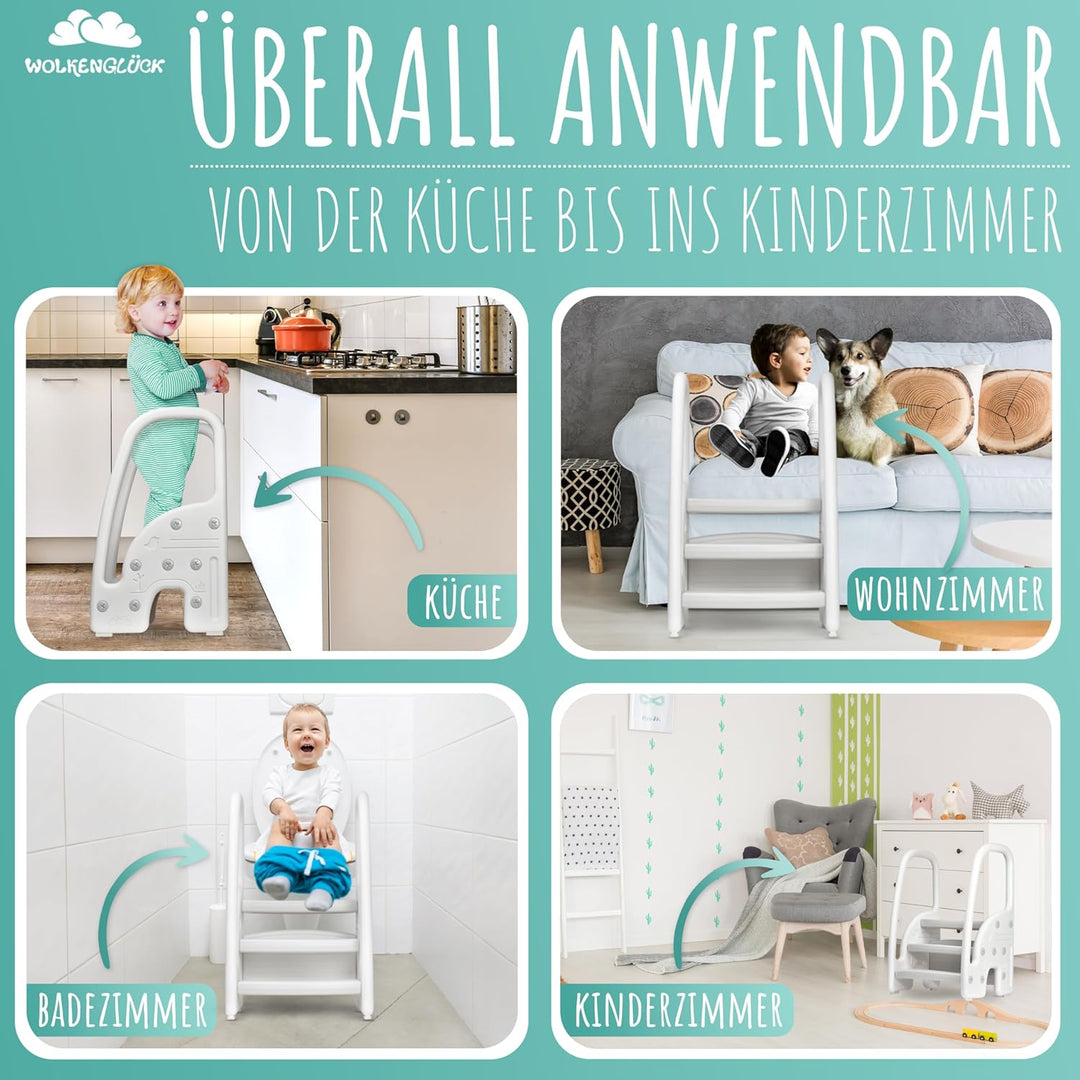 WOLKENGLÜCK® Tritthocker Kinder (3 Stufen) - Rutschfester Kinder Hocker von 1,5 bis 6 Jahre (Belastb