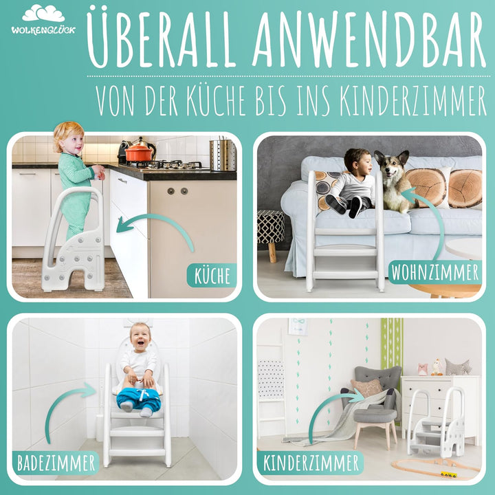 WOLKENGLÜCK® Tritthocker Kinder (3 Stufen) - Rutschfester Kinder Hocker von 1,5 bis 6 Jahre (Belastb