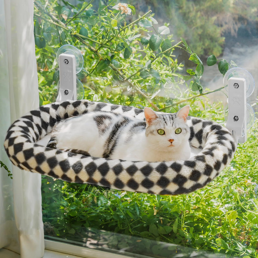 EDAGNY Faltbare Fensterliege für Katzen Robust mit Weich Waschbar Bezug Schachbrett Schwarz M, Schwa