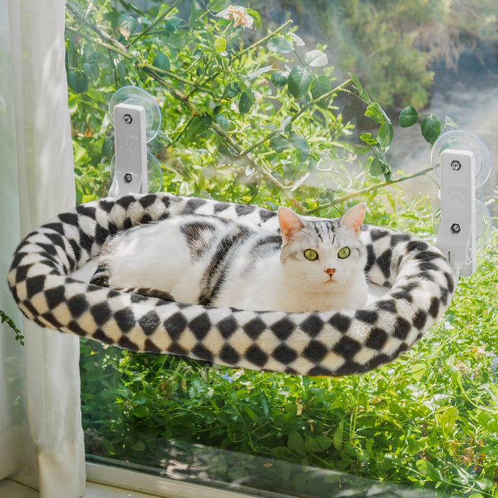 EDAGNY Faltbare Fensterliege für Katzen Robust mit Weich Waschbar Bezug Schachbrett Schwarz M, Schwa