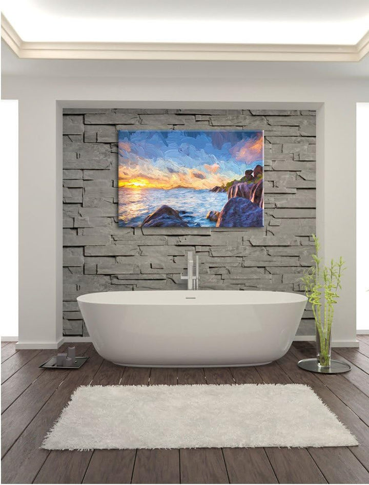 Pixxprint Sonnenuntergang Seychellen Kunst als Leinwandbild/Grösse: 100x70 cm/Wandbild/Kunstdruck/fe