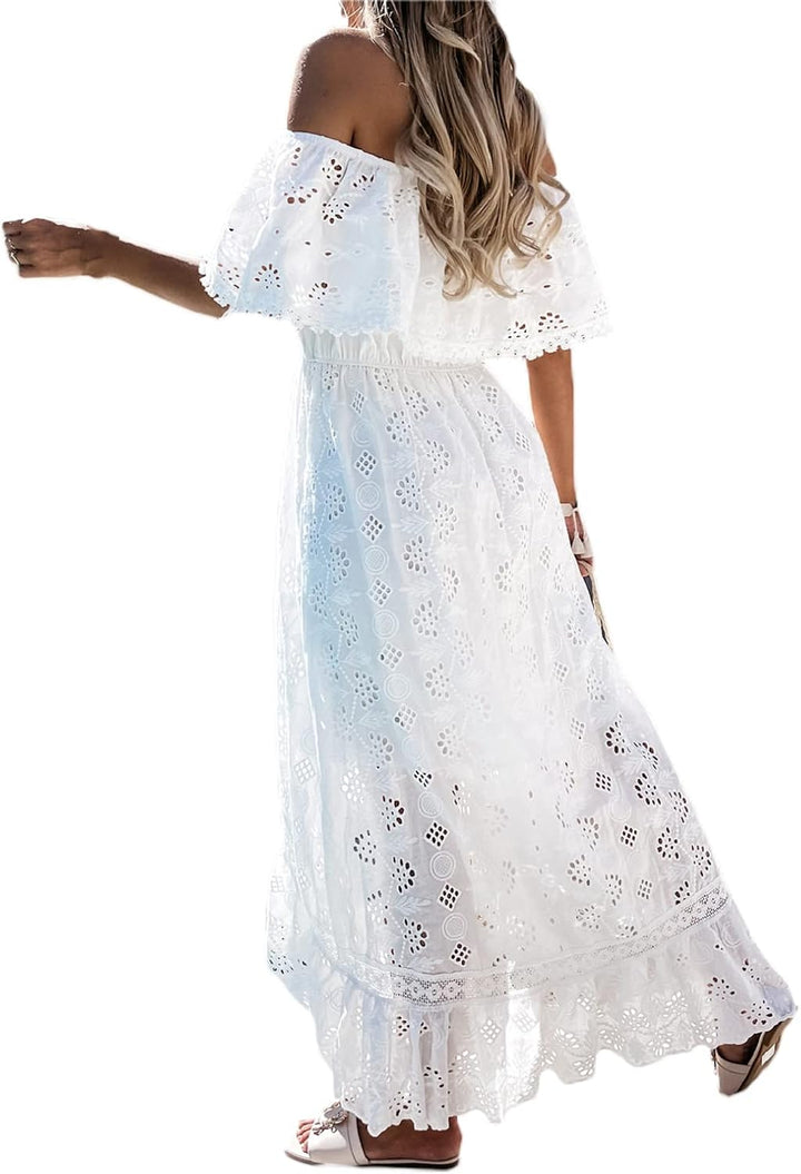 Damen-Maxikleid mit V-Ausschnitt, ärmellos, gestrickt, Spitze, Cutout, Schlinge, Rüschen, offener Rü