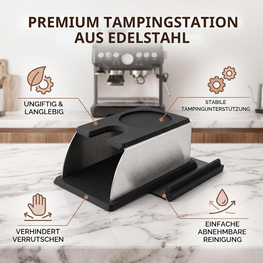 Tamperstation, Kaffee Tampfenmatte Halter Tamper Pulver Maker Stand aus Edelstahl und Silikon Tampin