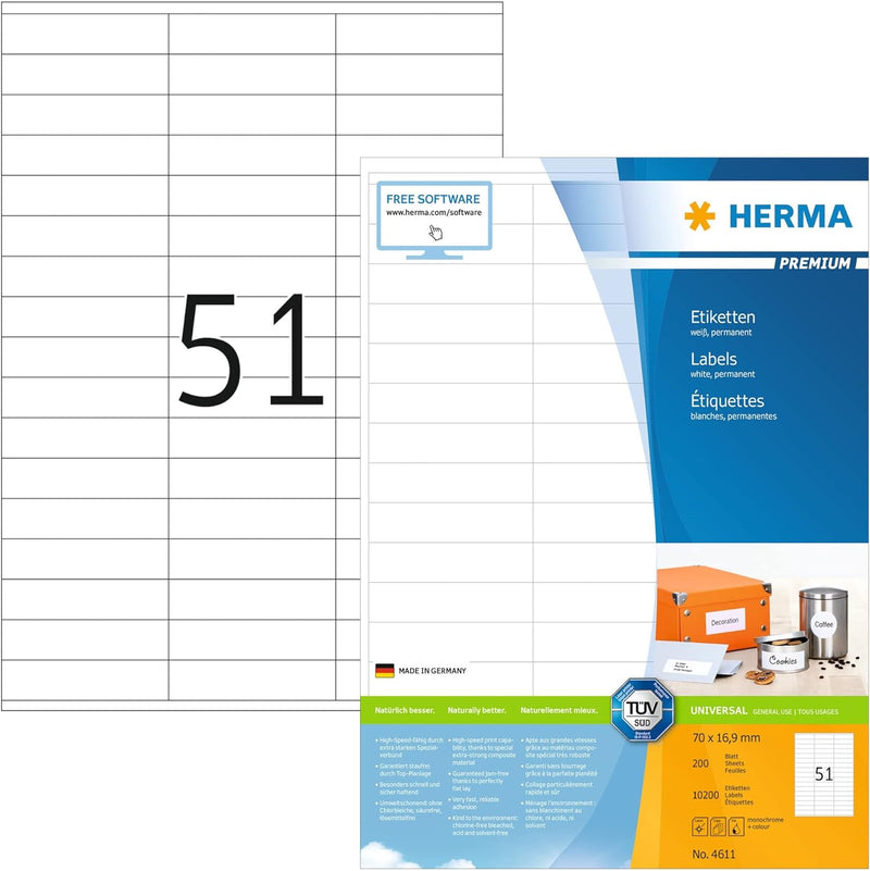 HERMA 4611 Universal Etiketten, 200 Blatt, 70 x 16,9 mm, 51 Stück pro A4 Bogen, 10200 Aufkleber, sel