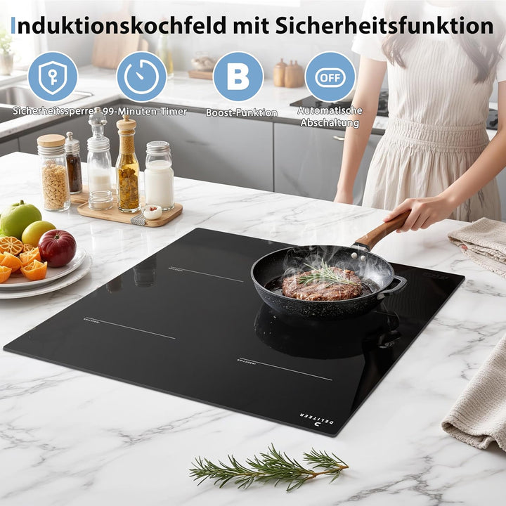 Induktionskochfeld 4 Platten, Kochfeld Induktion Autark, Einbau 60CM, 7200W, Individuelle Touch-Steu