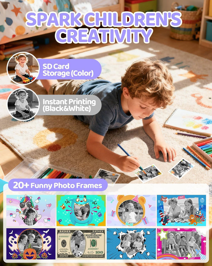 Kinderkamera Sofortbildkamera, 1080P HD Sofortbildkamera Kinder mit 32 GB Karte und 3 Papierrollen,