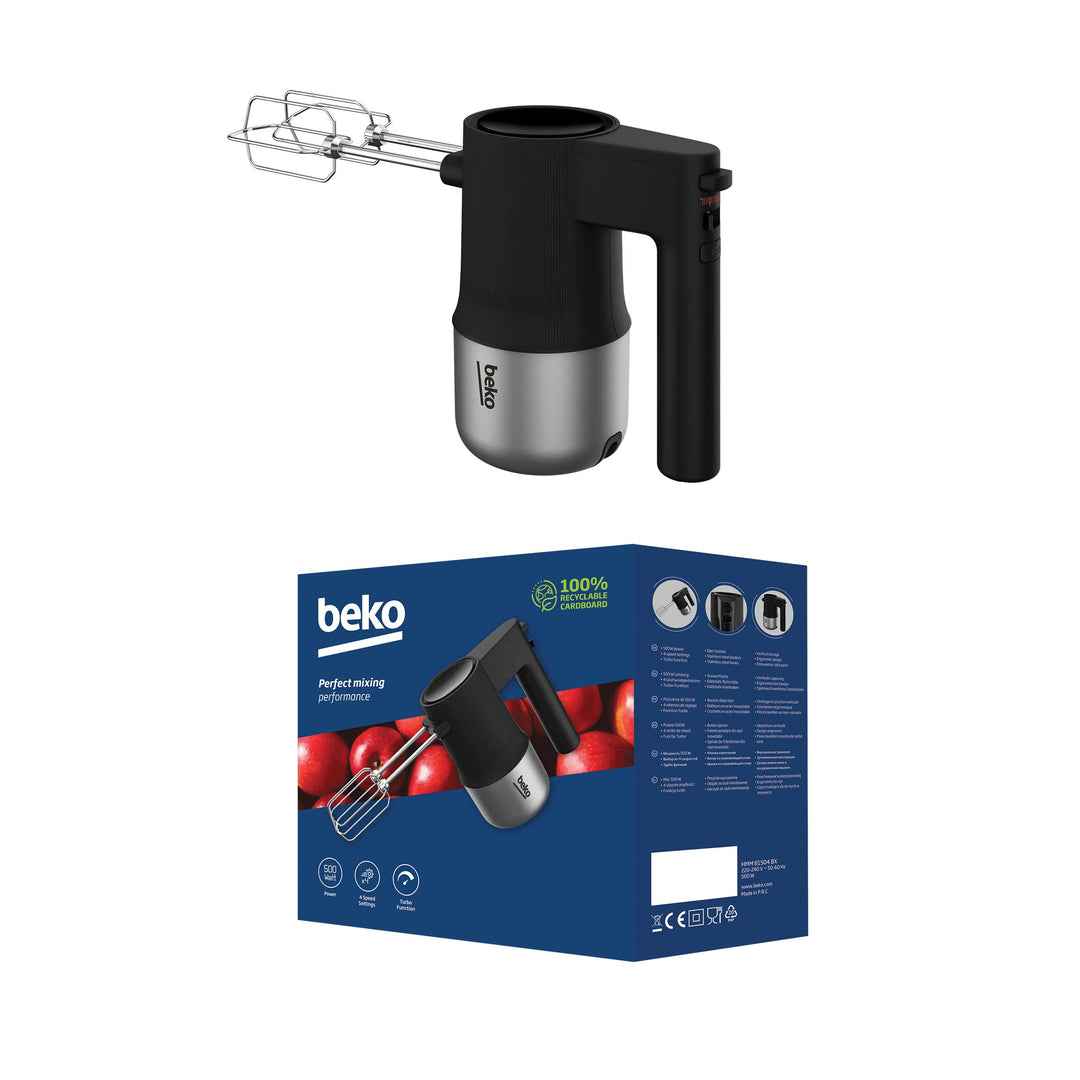 Beko HMM81504BX, 500 Watt, 4 Geschwindigkeiten + Turbo, 2 Schneebesen und 2 Knethaken aus Edelstahl,