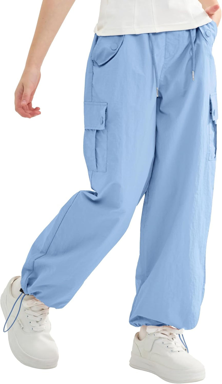 Rolanko Baggy Cargo Fallschirmhose für Mädchen, Y2K Vintage Jogger mit Verstellbarer Elastischer Tai