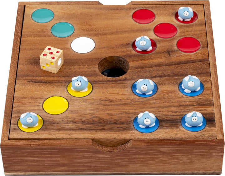 Engelhart Schweinchen Spiel Wurfelspiel mit 60 Keramik Schweinchen – Ferkelspiel in Holzbox, lustige