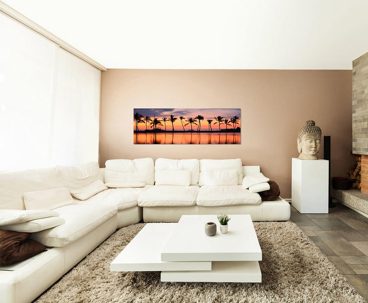 Panoramabild auf Leinwand und Keilrahmen 150x50cm Hawaii Strand Meer Palmen Sonnenuntergang