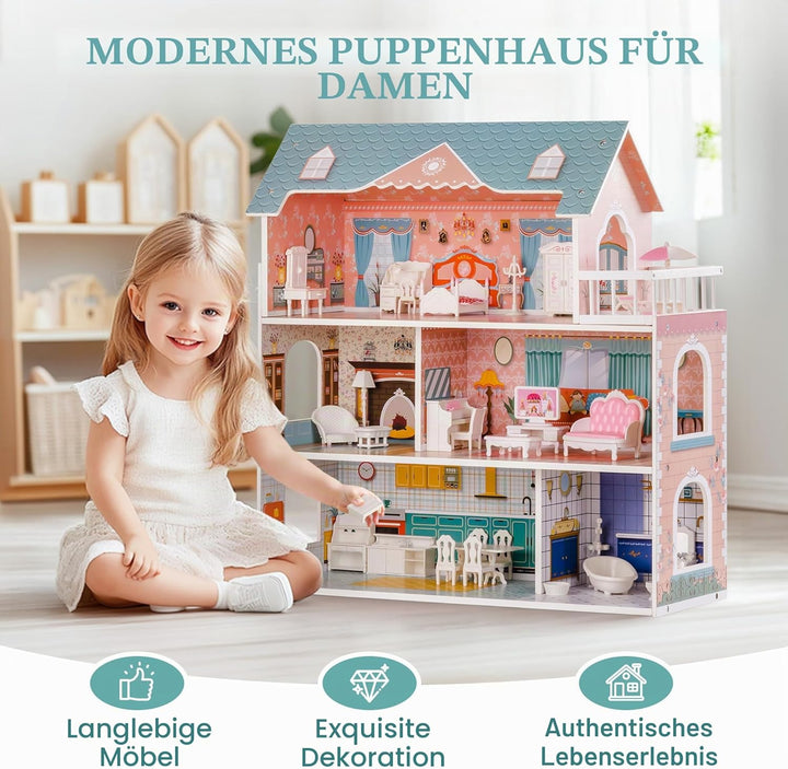 ROBUD Puppenhaus aus Holz mit Möbeln und Zubehör Mädchen Häuser Spielhaus Spielraum Spielzeug für Ki