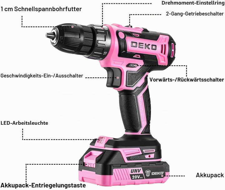 20 V Akkuschrauber für Damen:DEKOPRO 40 N.m Akku Schrauber mit Akku und Ladegerät，30 pcs Zubehör Boh
