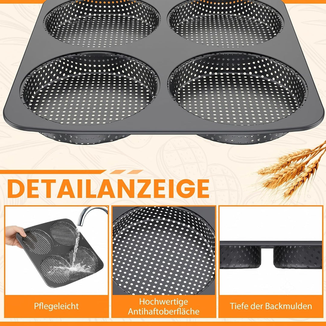 Burger Buns Backform, Perforierte Backform für 4 Burger Buns aus Karbonstahl, Brötchenblech Hitzebes