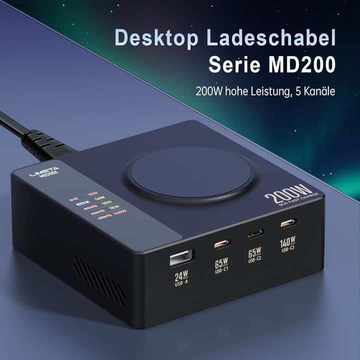 LIMETA 200W USB Ladegerät Mehrfach 5 Ports PD3.1 Kabellos Schnellladegerät (140W Max) Kompatibel mit