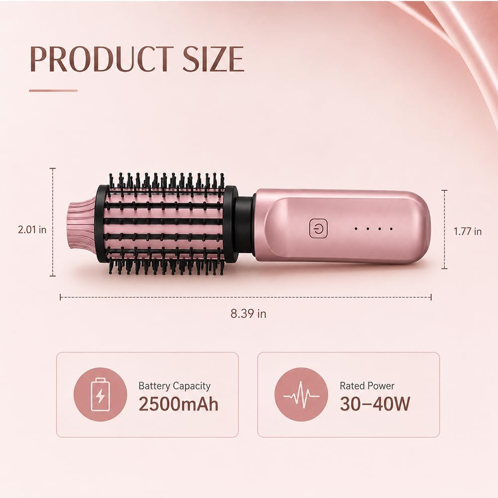 Warmluftbürste Kabellos, 38mm Thermal Brush mit 4 Temperaturen, Roségold | Hot Brush, Rundbürste Ele