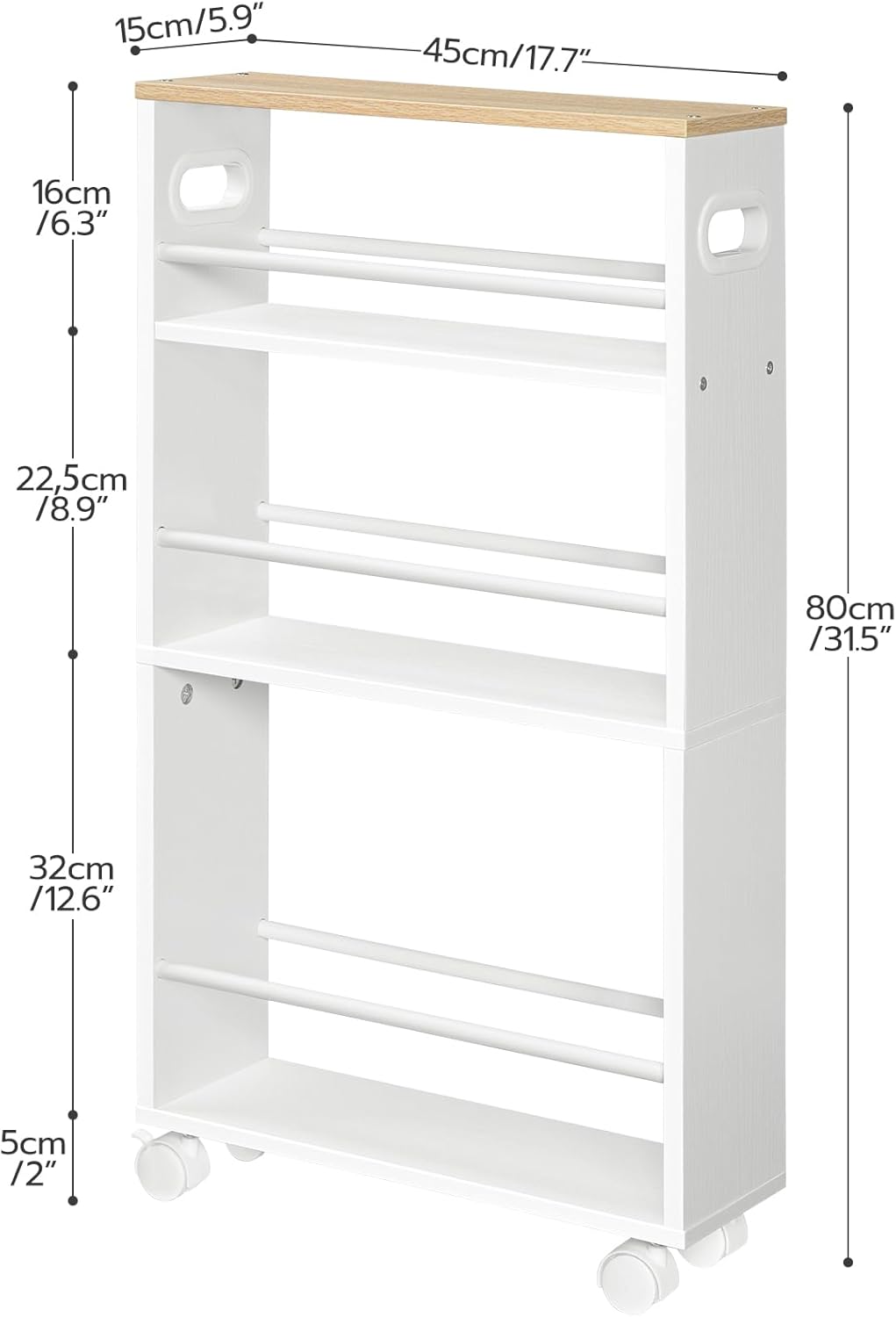 HOOBRO Schmaler Servierwagen, 45 x 15 x 80 cm, Küchenwagen mit 4 Ebenen, Küchenregal mit 360° Drehba