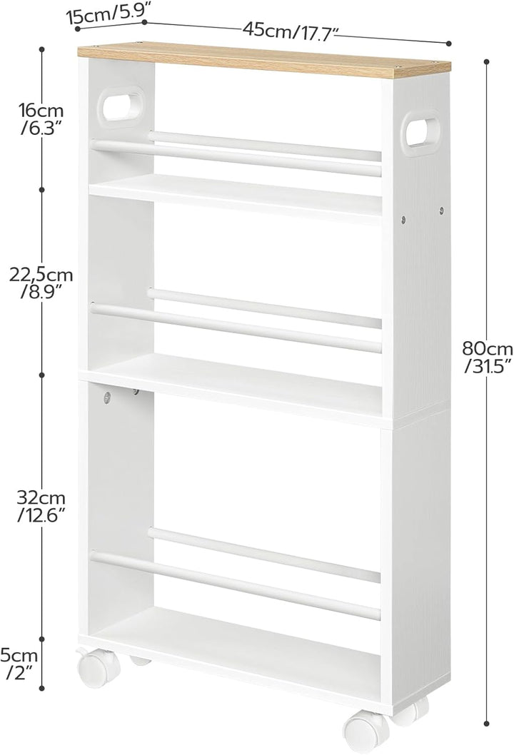HOOBRO Schmaler Servierwagen, 45 x 15 x 80 cm, Küchenwagen mit 4 Ebenen, Küchenregal mit 360° Drehba