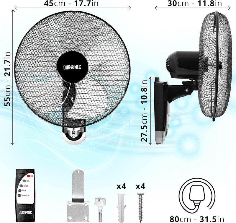 Duronic FN55 Wandventilator 60W - Durchmesser: 40 cm – Timer und Fernbedienung – 3 Geschwindigkeiten