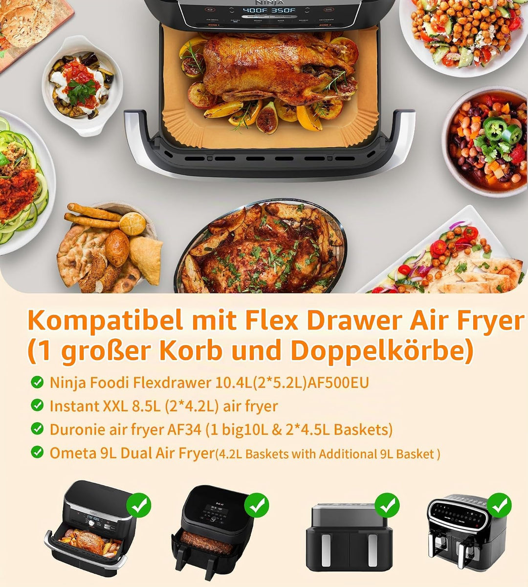 Backpapier für Heissluftfritteuse 150 pcs für Ninja Flex Drawer Dual Zone AF500EU 10,4L, Airfryer Ba
