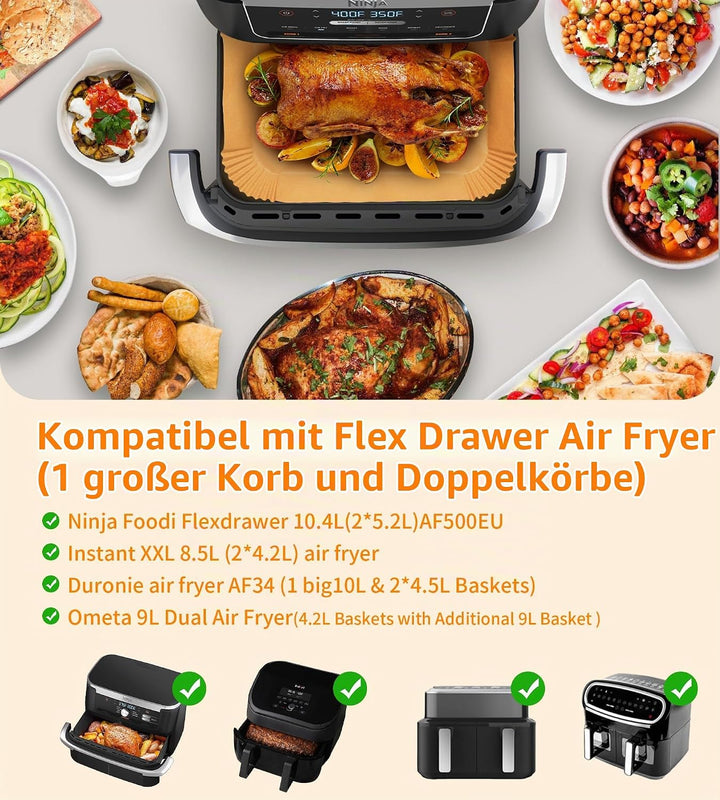Backpapier für Heissluftfritteuse 150 pcs für Ninja Flex Drawer Dual Zone AF500EU 10,4L, Airfryer Ba