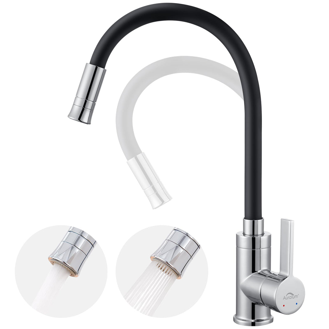 Auralum Silikon Wasserhahn Küche mit Weichschlauch, Küchenarmatur Schwarz mit 2 Strahlarten, Hochdru