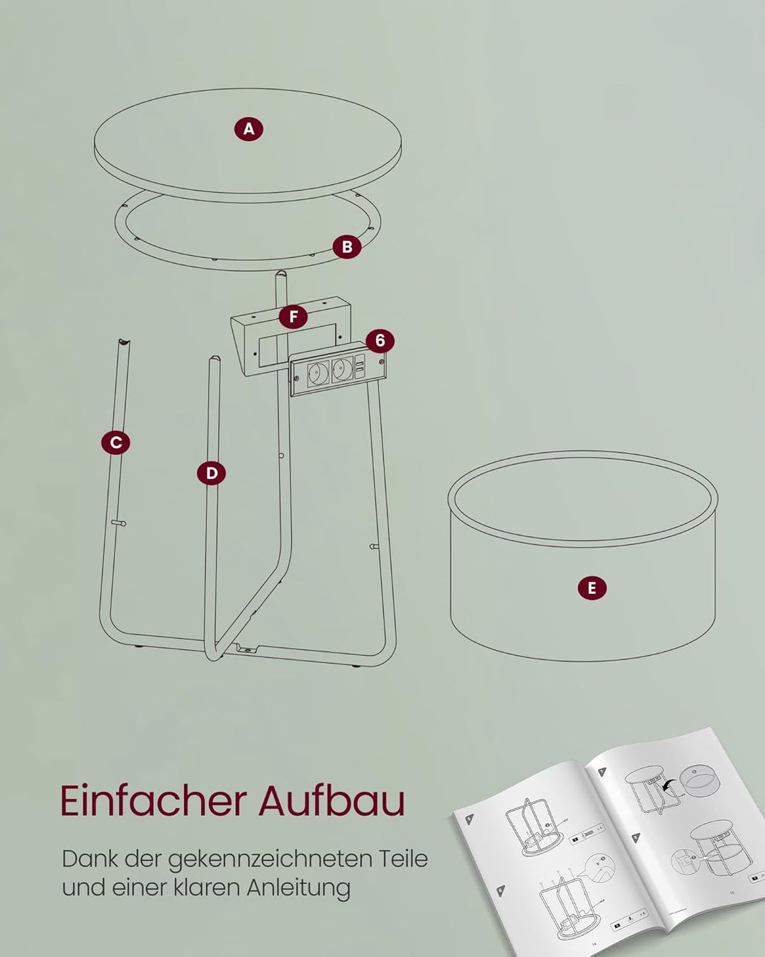 VASAGLE Beistelltisch rund, Kleiner Tisch, Couchtisch mit Steckdose, Wohnzimmertisch, Korb aus Stoff