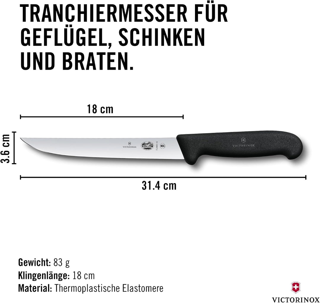 Victorinox Fibrox Tranchiermesser, Scharfes Küchenmesser für Fleisch und Geflügel, 18 cm, Gerade Kli